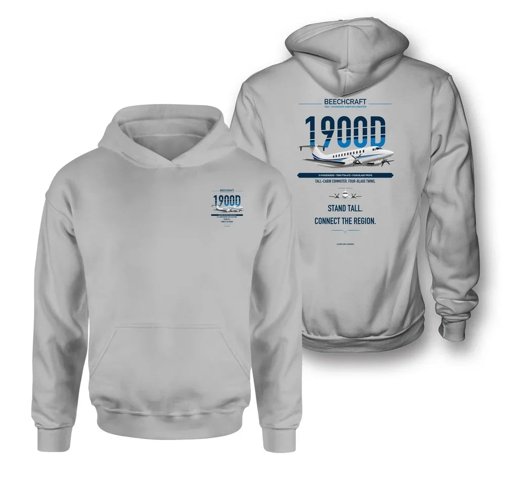Beechcraft 1900D design on light gray hoodie
