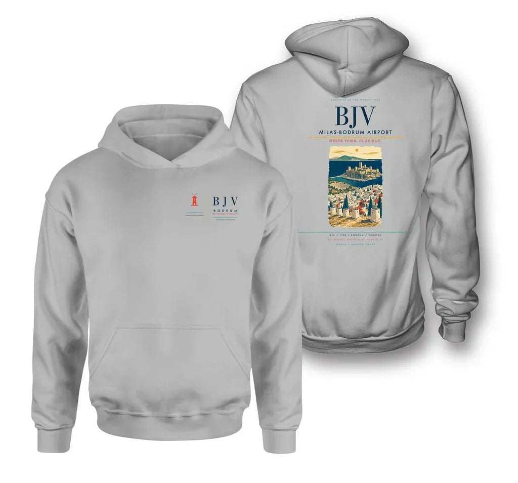 Milas-Bodrum Airport (BJV) design on light gray double-side hoodie