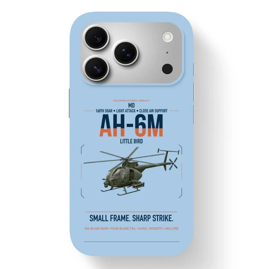 MD AH-6M Little Bird design on light blue magsafe iphone case, for iPhone 17 Pro