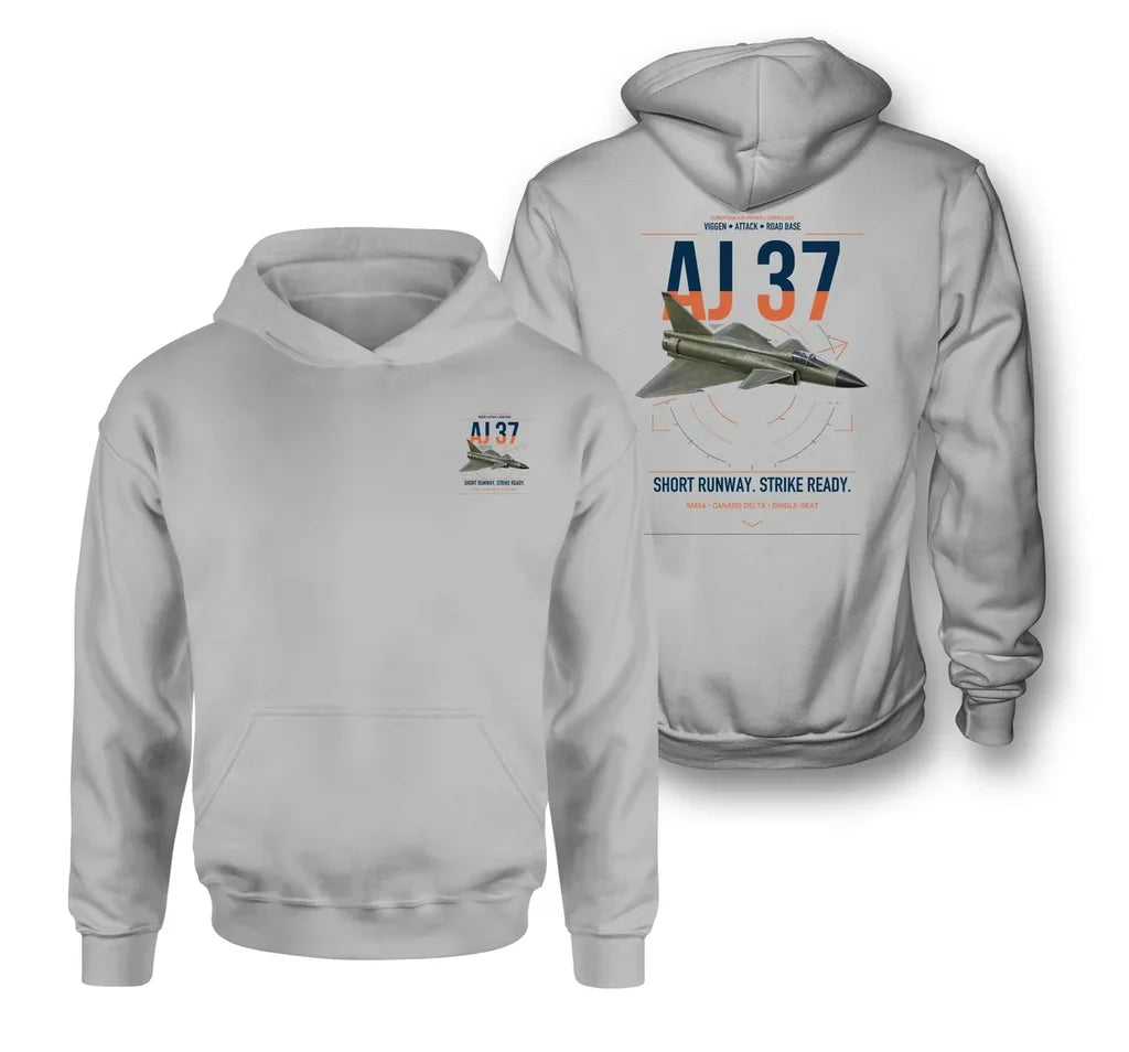 Saab AJ 37 Viggen design on light gray double-side hoodie, double-side print