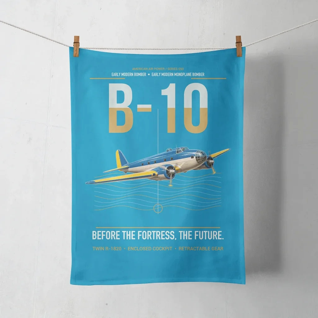 Martin B-10 design on turquoise towel