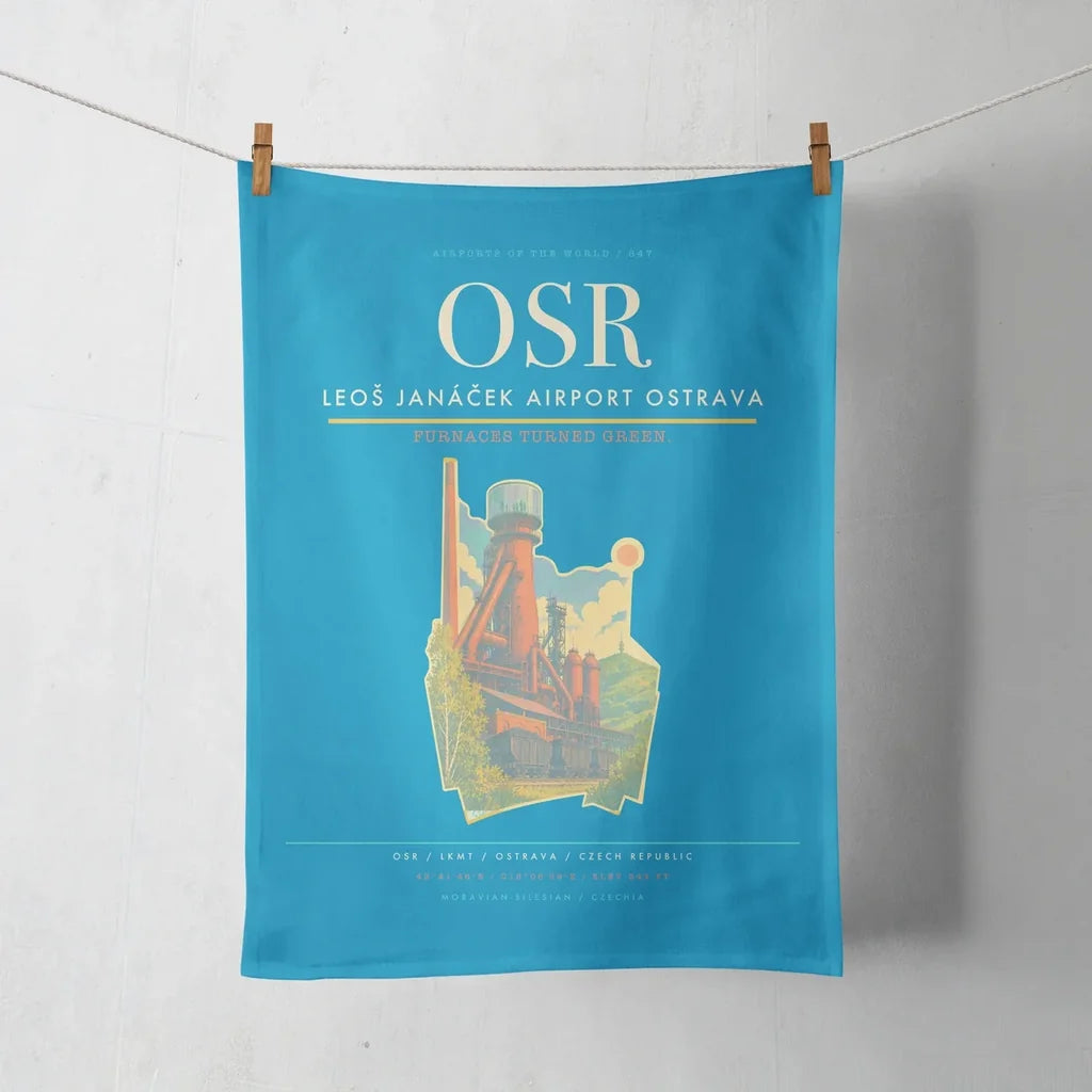 Leoš Janáček Airport Ostrava (OSR) design on turquoise towel