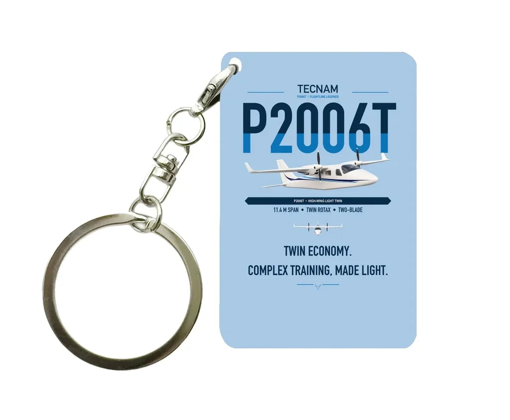 Tecnam P2006T design on light blue designed key chain, double-side print