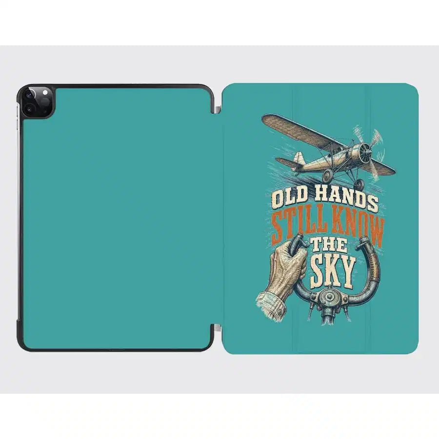 Old Hands Still Know The Sky design on turquoise ipad tablet case