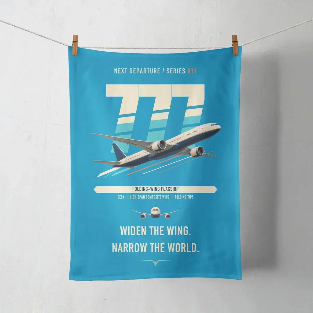Boeing 777-9 design on turquoise towel