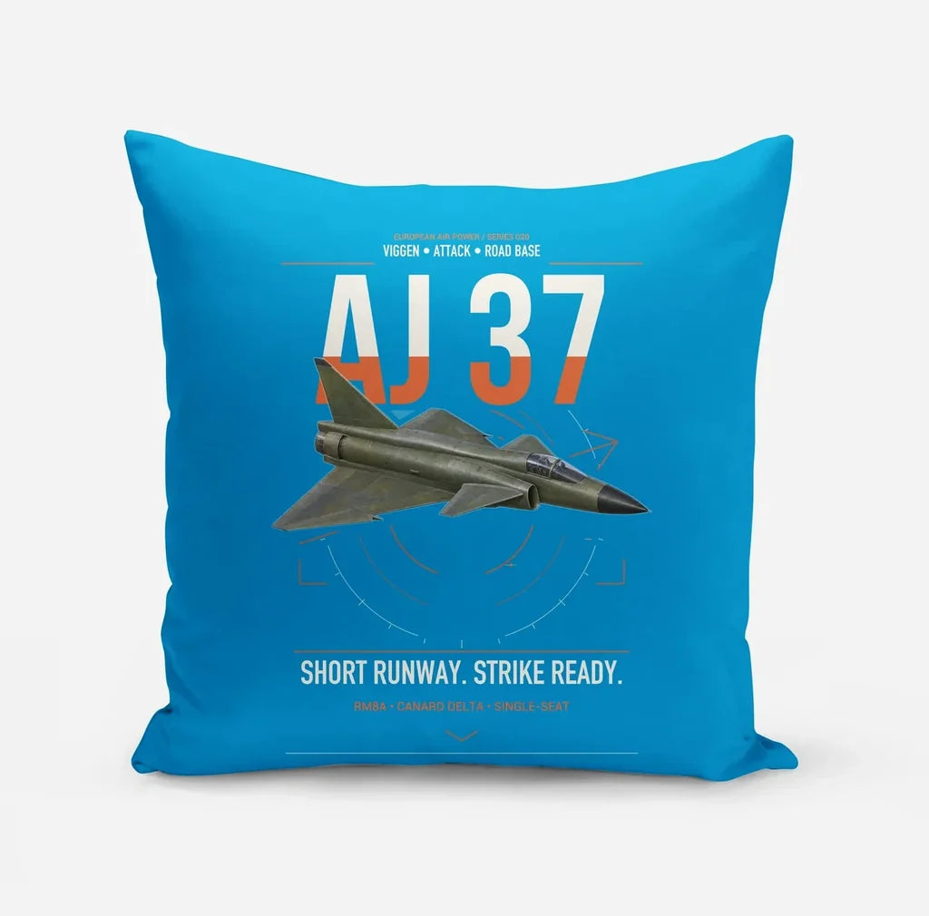 Saab AJ 37 Viggen design on turquoise pillow