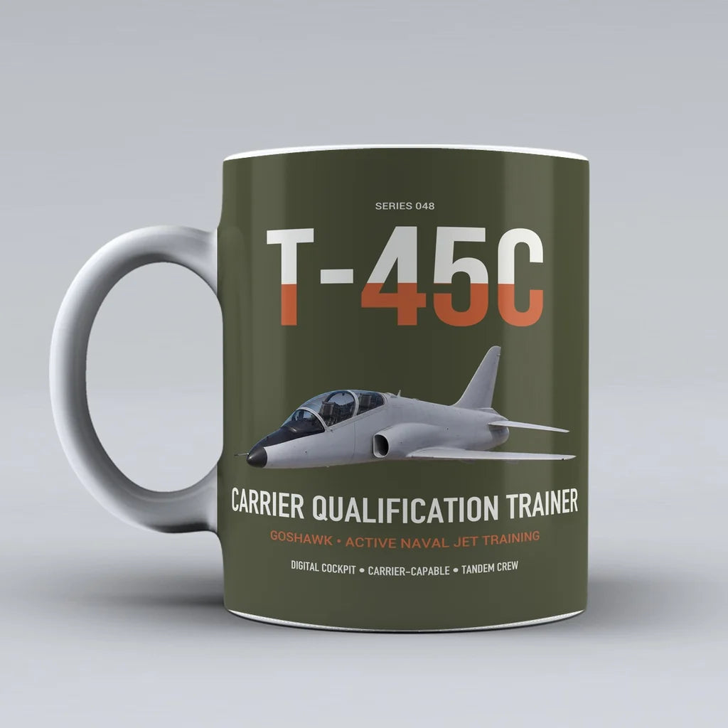 T-45C Goshawk design on green army ceramic mug, double-side print