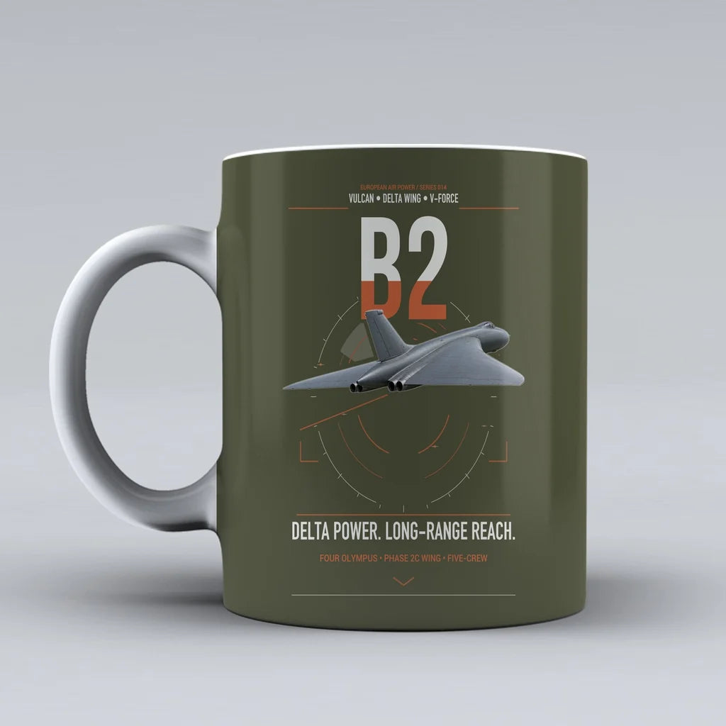 Avro Vulcan B2 design on green army ceramic mug, double-side print