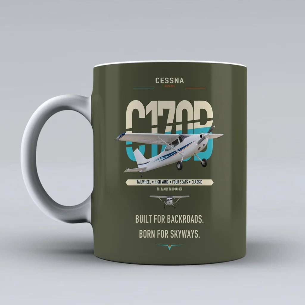 Cessna 170B design on green army ceramic mug, double-side print