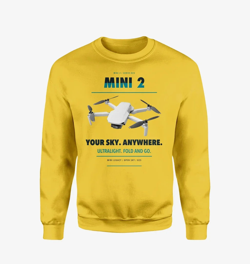 DJI Mini 2 design on yellow sweatshirt