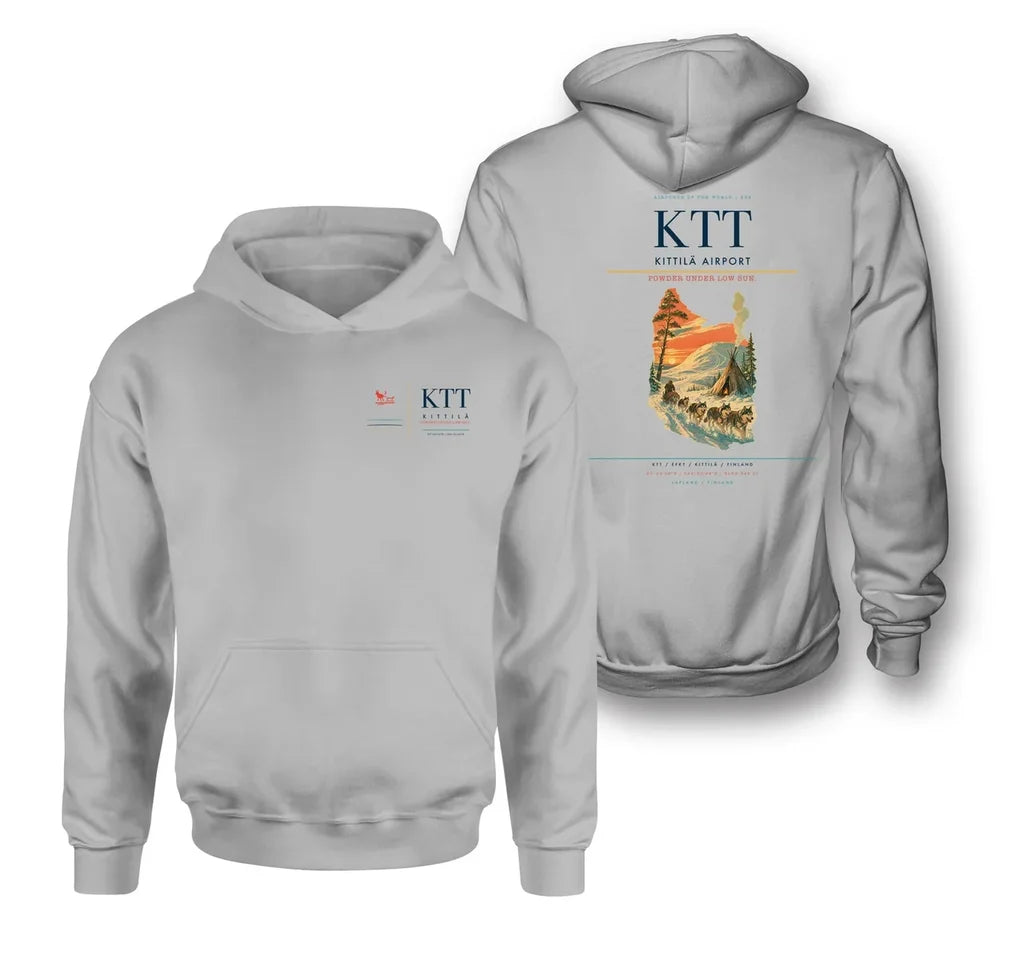Kittilä Airport (KTT) design on light gray double-side hoodie