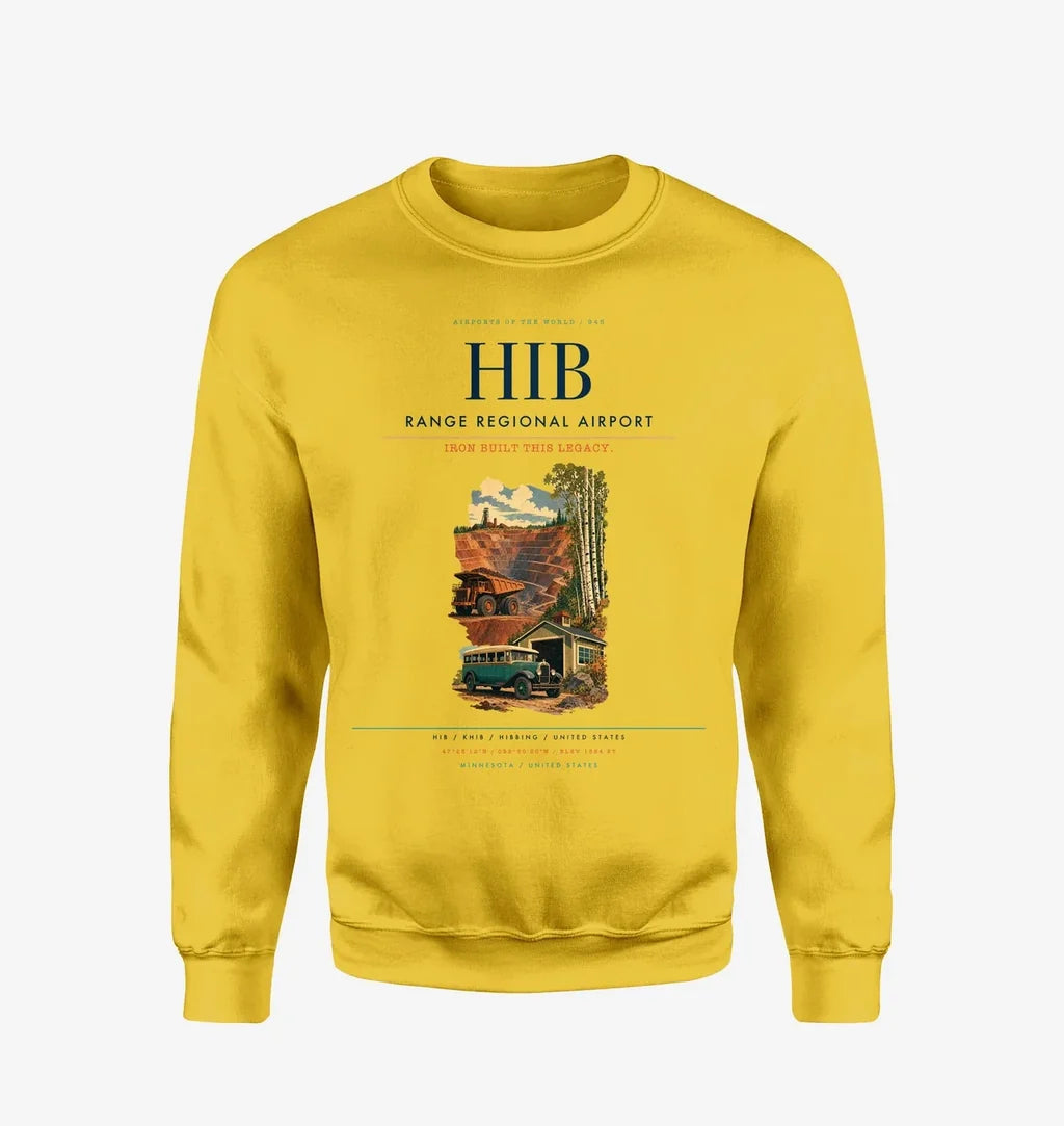Range Regional Airport (HIB) design on yellow sweatshirt