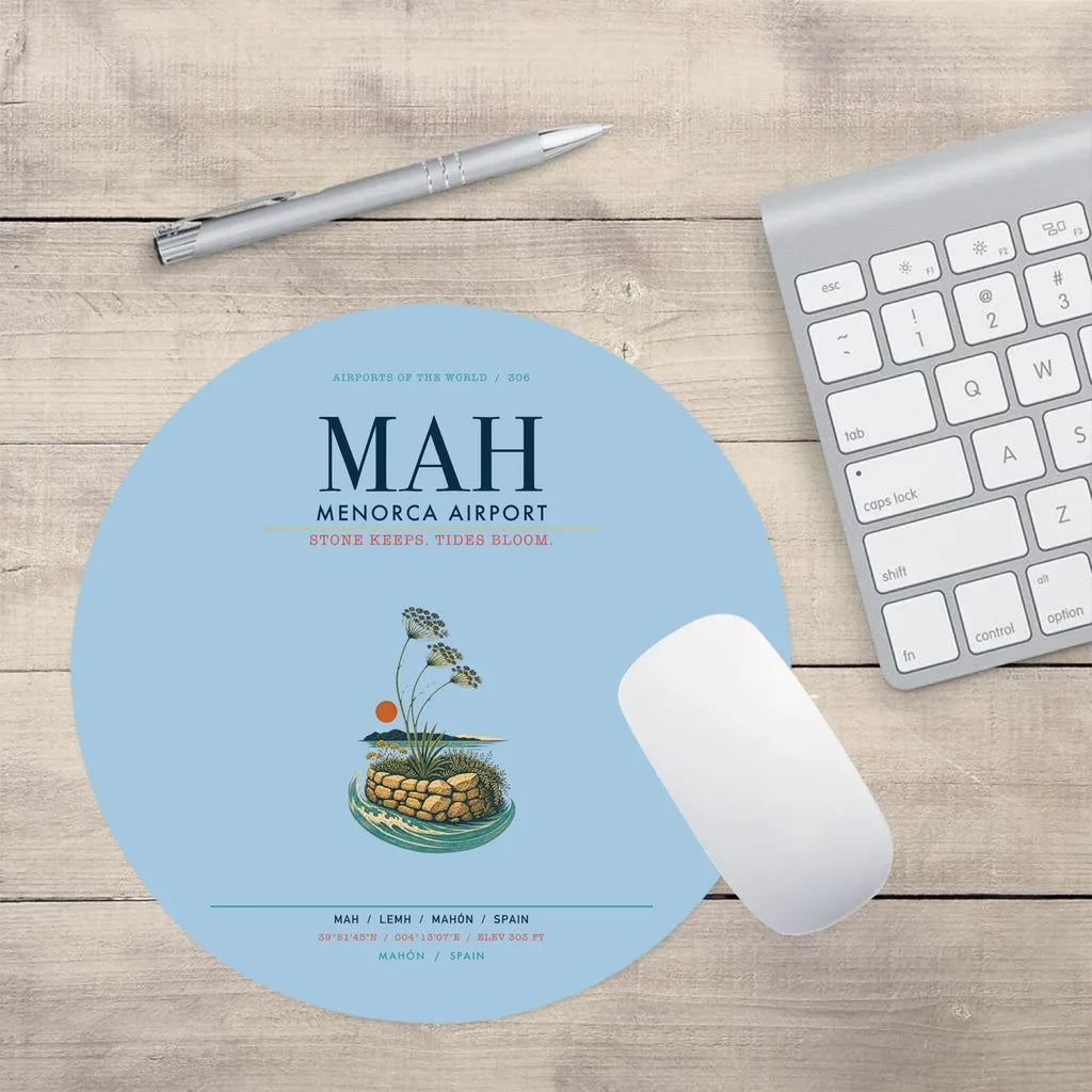Menorca Airport (MAH) design on light blue round mouse pad