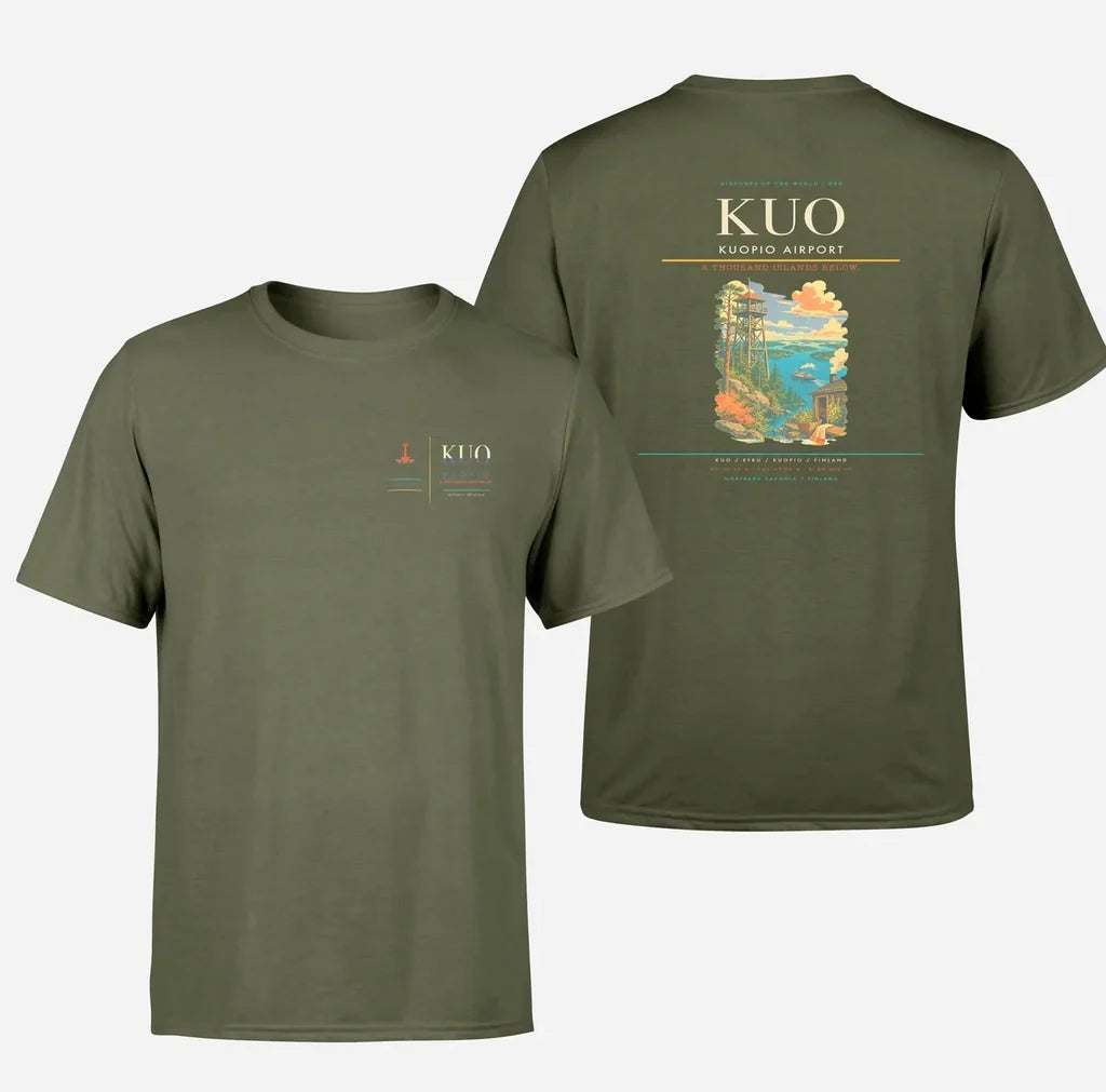 Kuopio Airport (KUO) design printed on green army double-side t-shirt