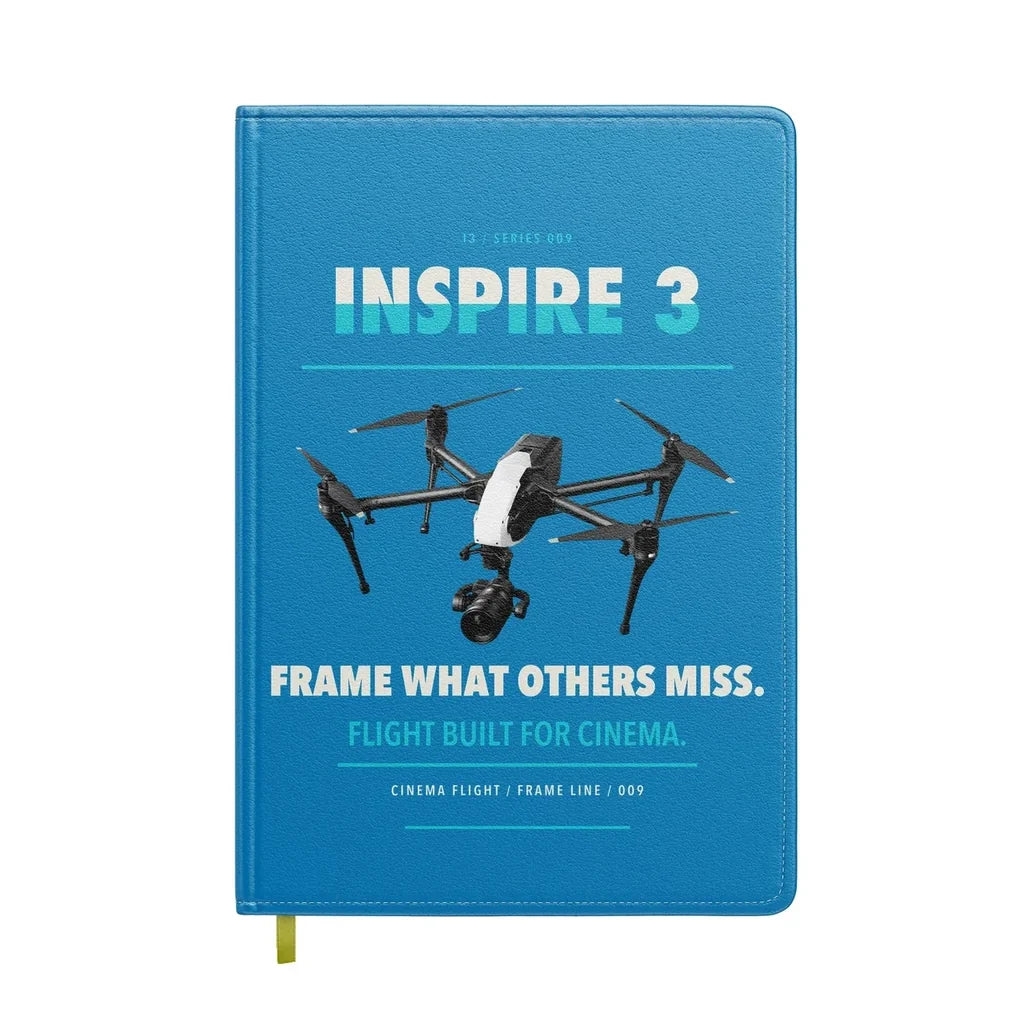 DJI Inspire 3 design on turquoise notebook