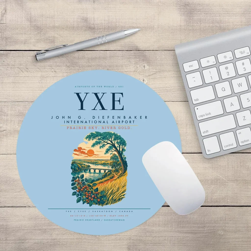 Saskatoon John G. Diefenbaker International Airport (YXE) design on light blue round mouse pad
