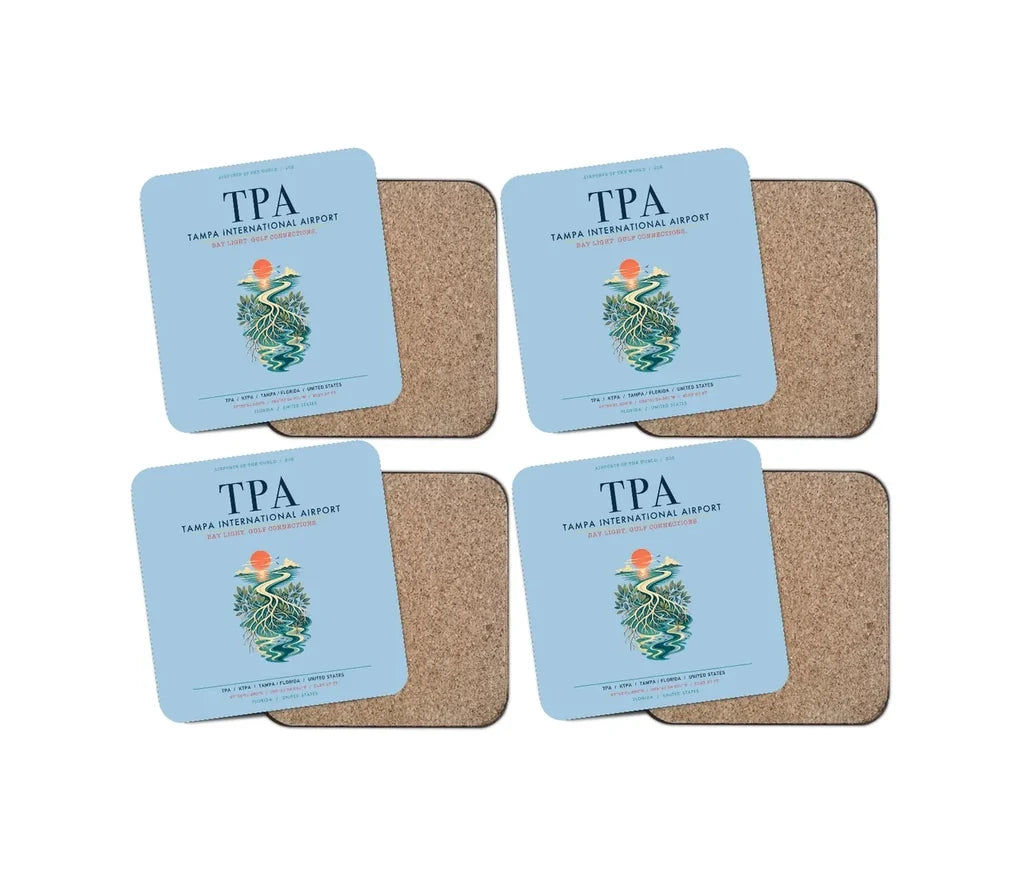 Tampa International Airport (TPA) design on light blue 4 pieces set coaster
