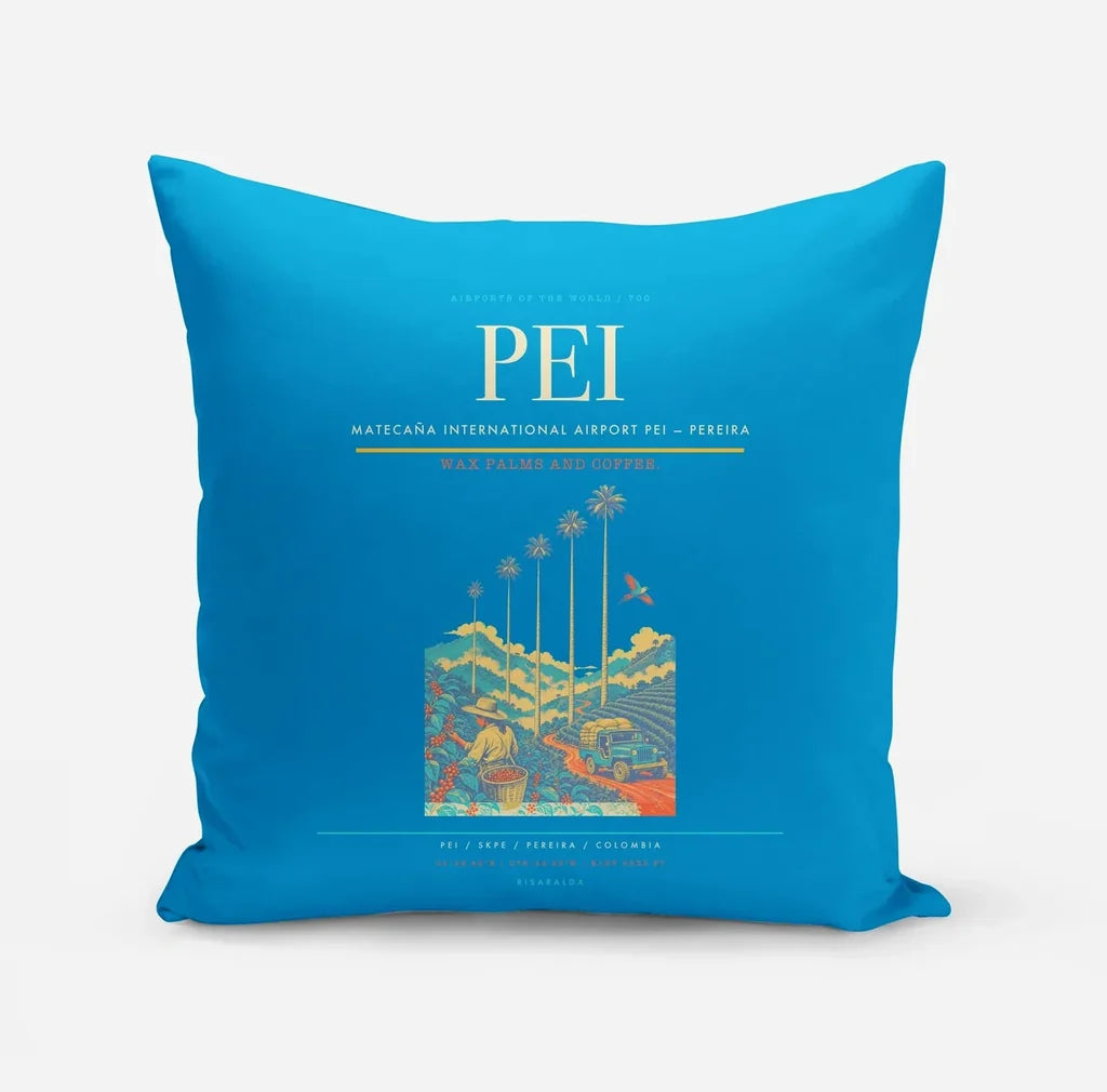 Matecaña International Airport (PEI) design on turquoise pillow