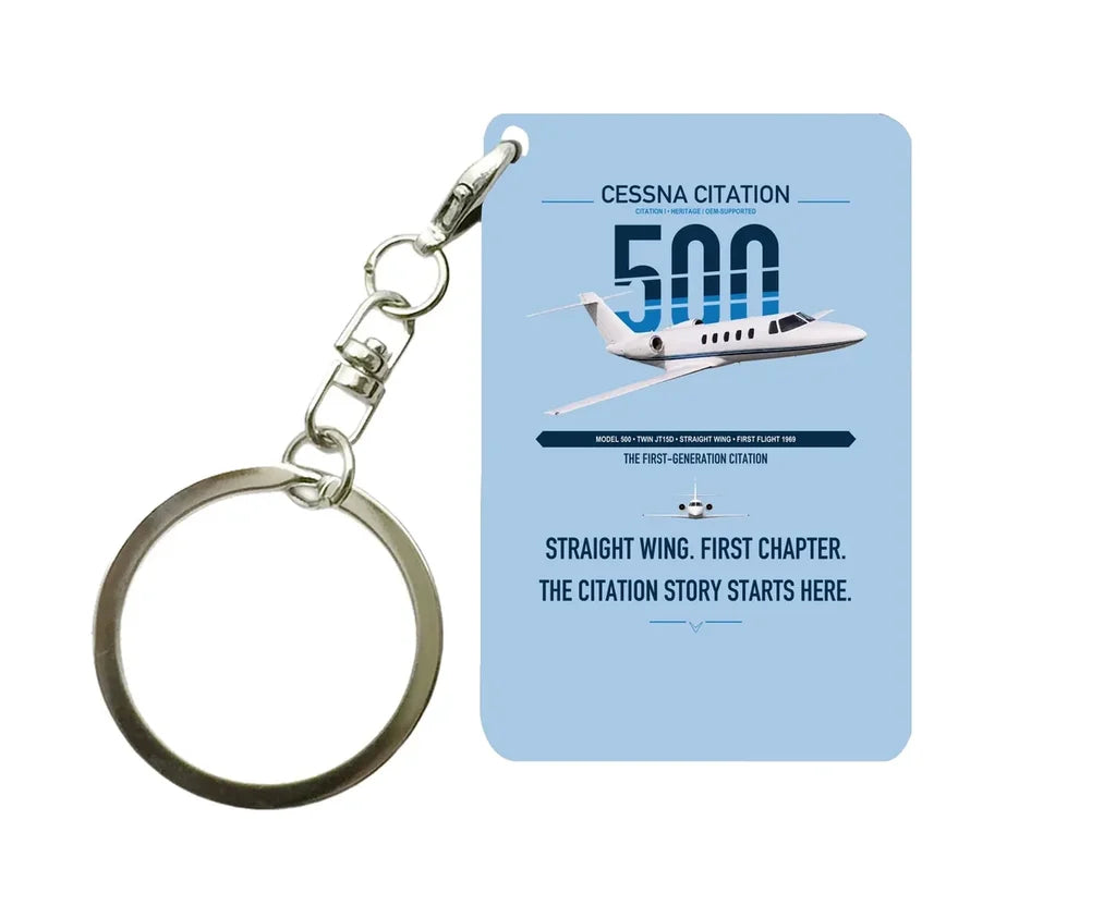 Cessna Citation 500 - Citation I design on light blue designed key chain, double-side print