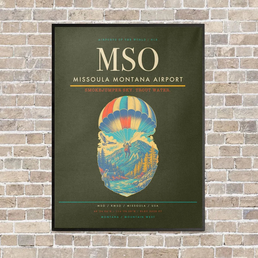 Missoula Montana Airport MSO vertical canvas print - framed - green army background