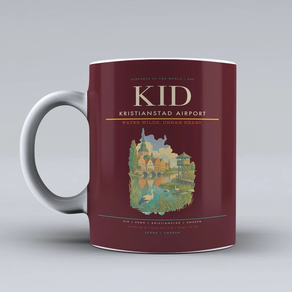 Kristianstad Airport (KID) airport code design on dark red ceramic mug