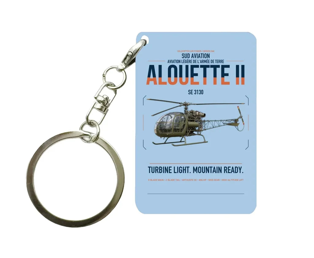Sud Aviation SE 3130 Alouette II design on light blue designed key chain, double-side print
