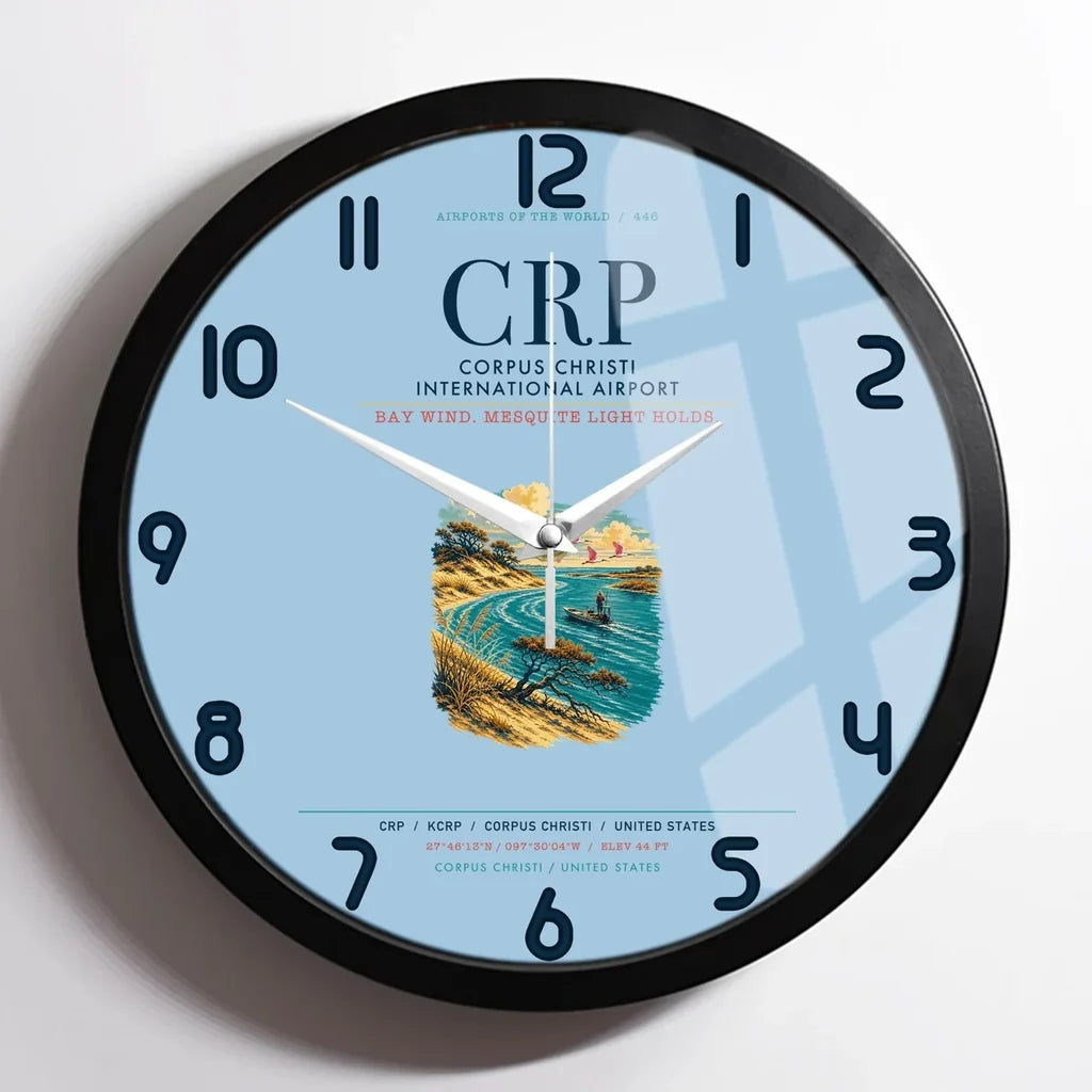 Corpus Christi International Airport (CRP) design on light blue framed wall clock