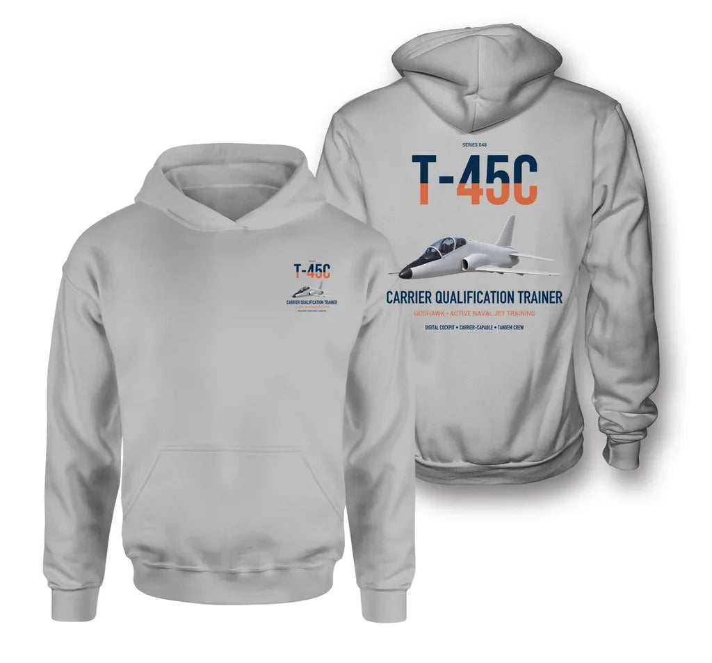 T-45C Goshawk design on light gray double-side hoodie, double-side print
