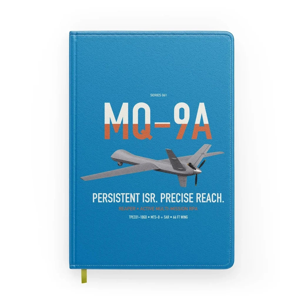 MQ-9A Reaper design on turquoise notebook