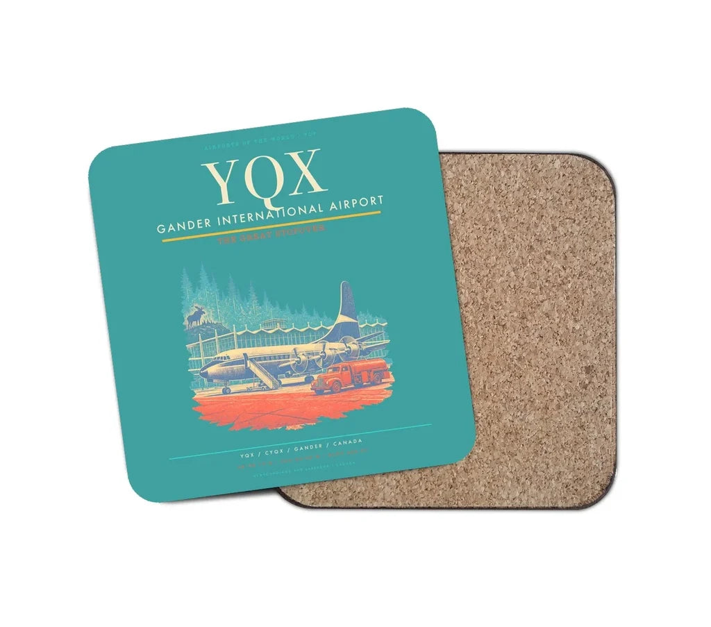 Gander International Airport (YQX) design on turquoise 1 piece coaster