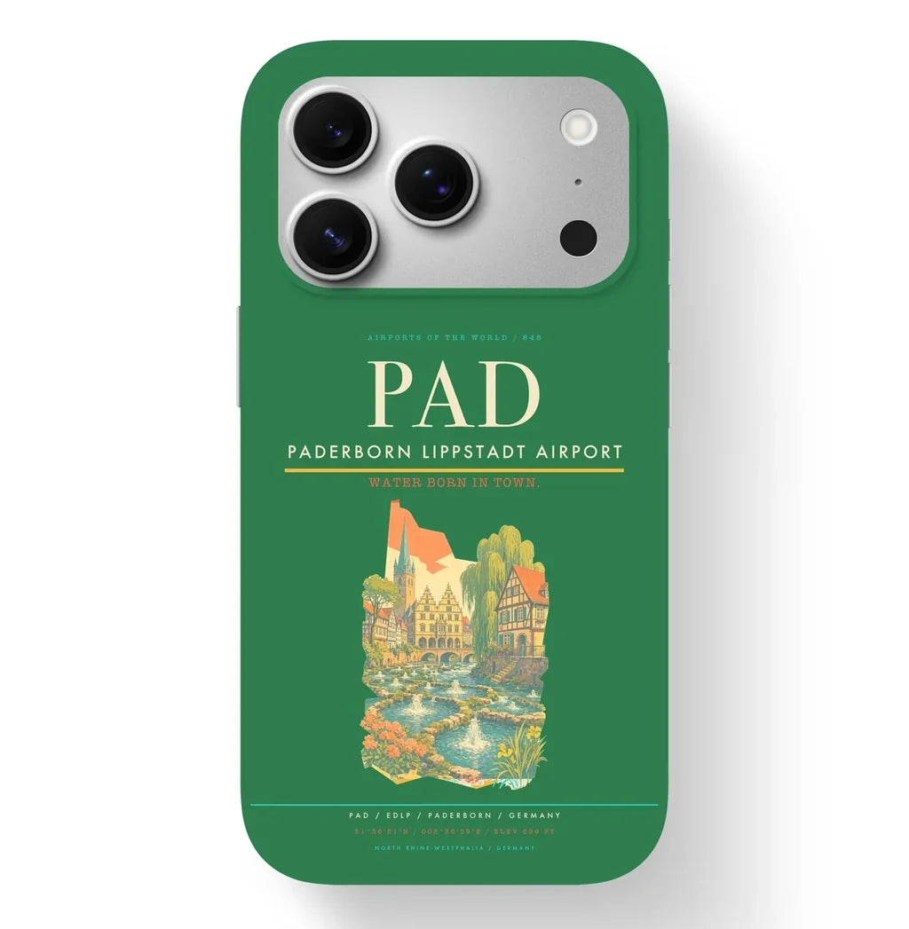 Paderborn Airport (PAD) design on green iPhone 17 Pro MagSafe case