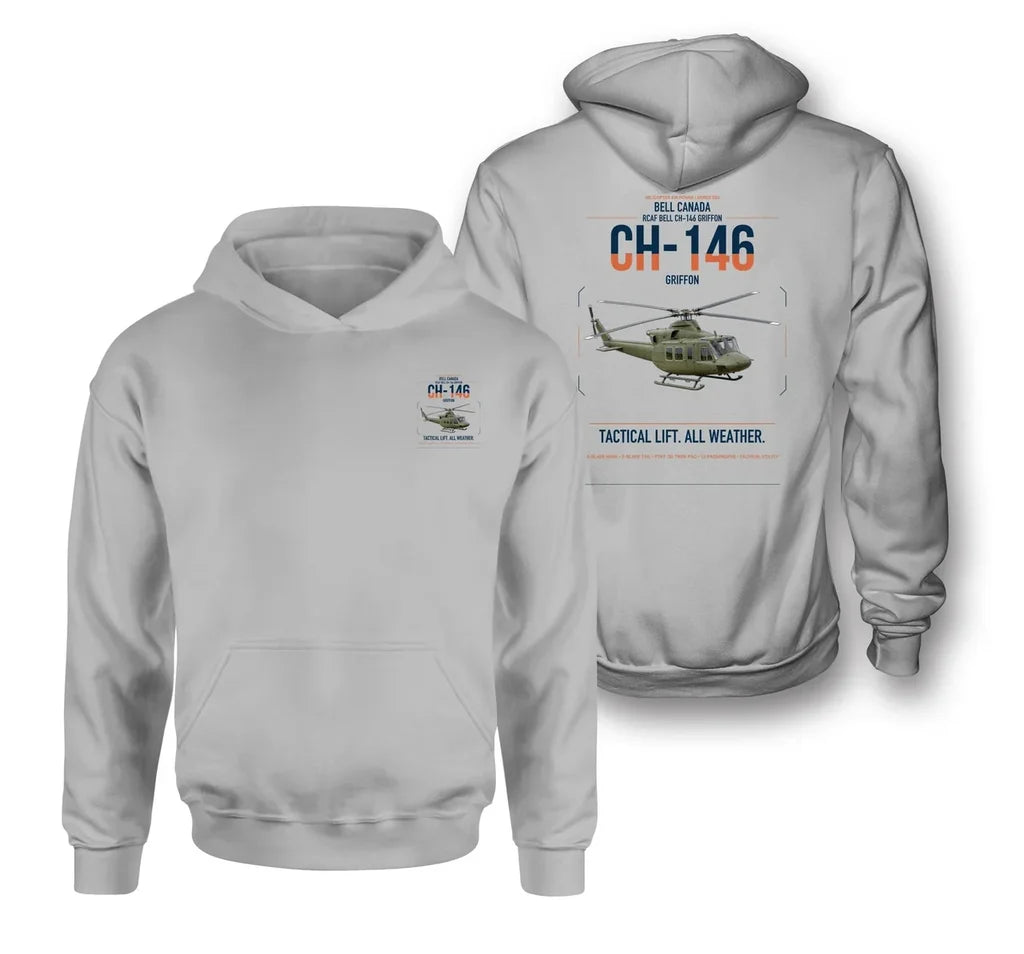 Bell Canada CH-146 Griffon design on light gray double-side hoodie, double-side print