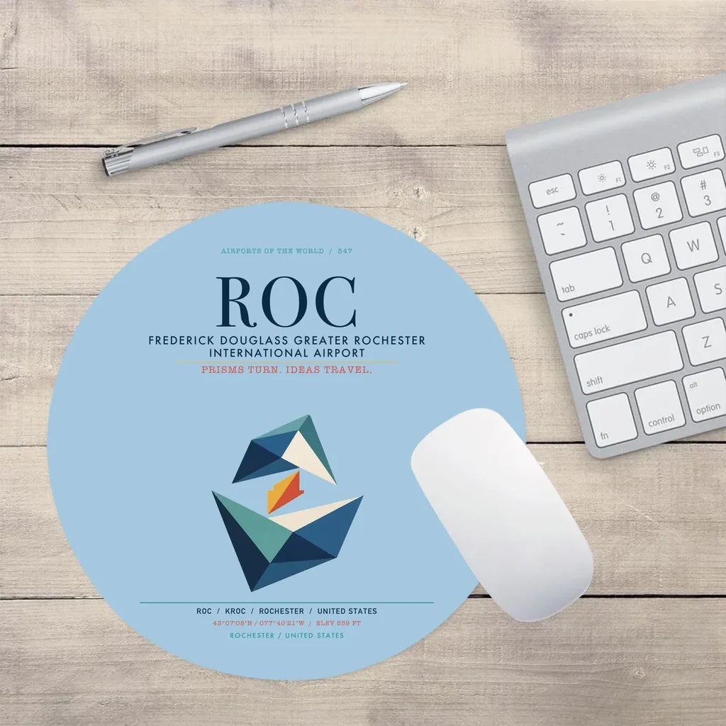 Frederick Douglass Greater Rochester International Airport (ROC) design on light blue round mouse pad