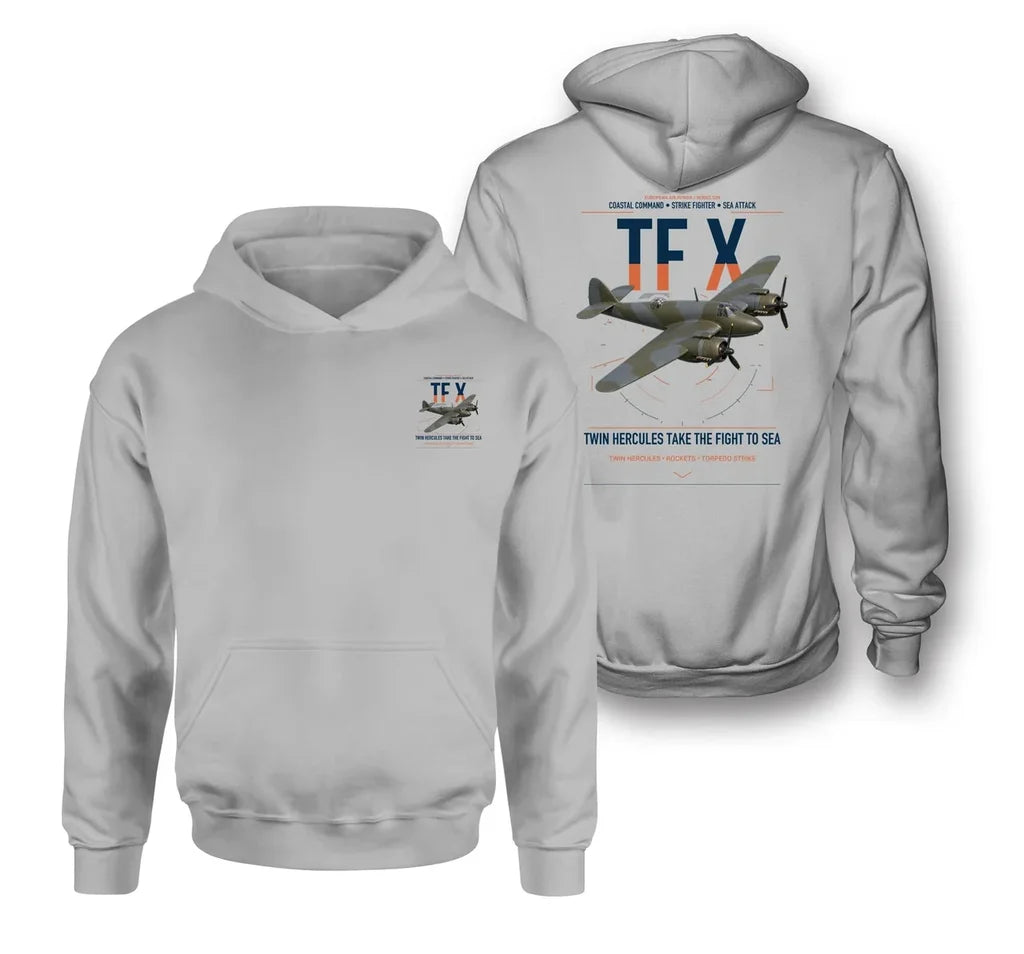 Bristol Beaufighter TF X design on light gray double-side hoodie, double-side print