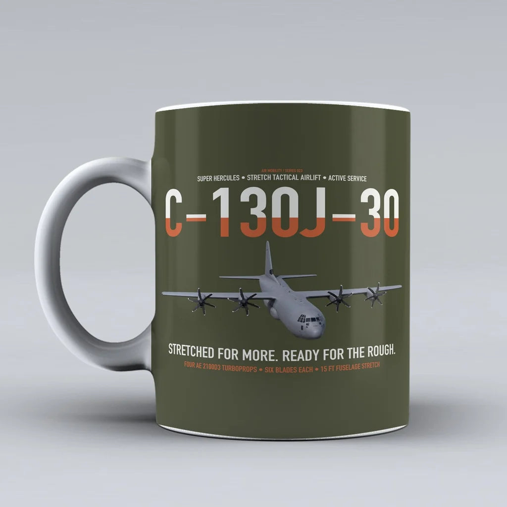 C-130J-30 Super Hercules design on green army ceramic mug, double-side print