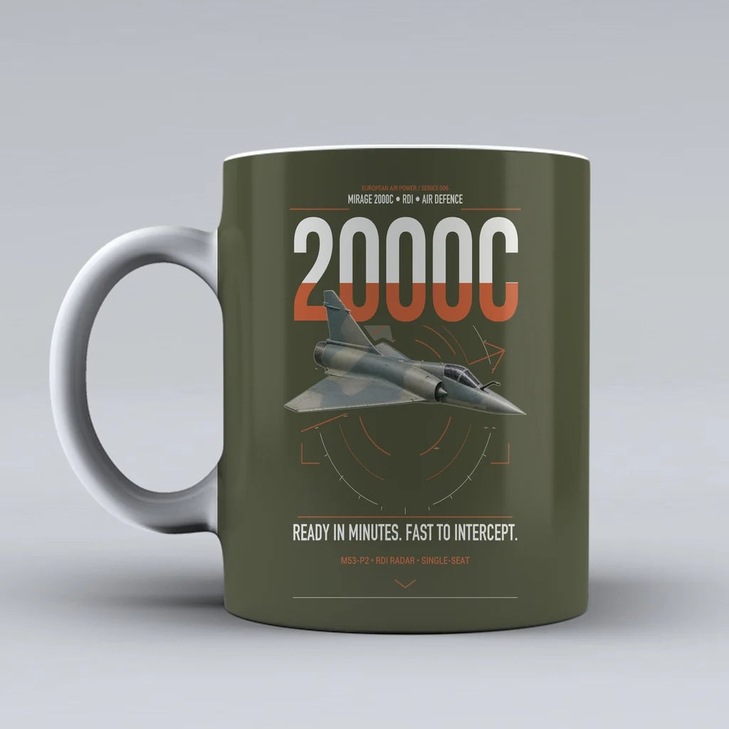 Dassault Mirage 2000C RDI design on green army ceramic mug, double-side print