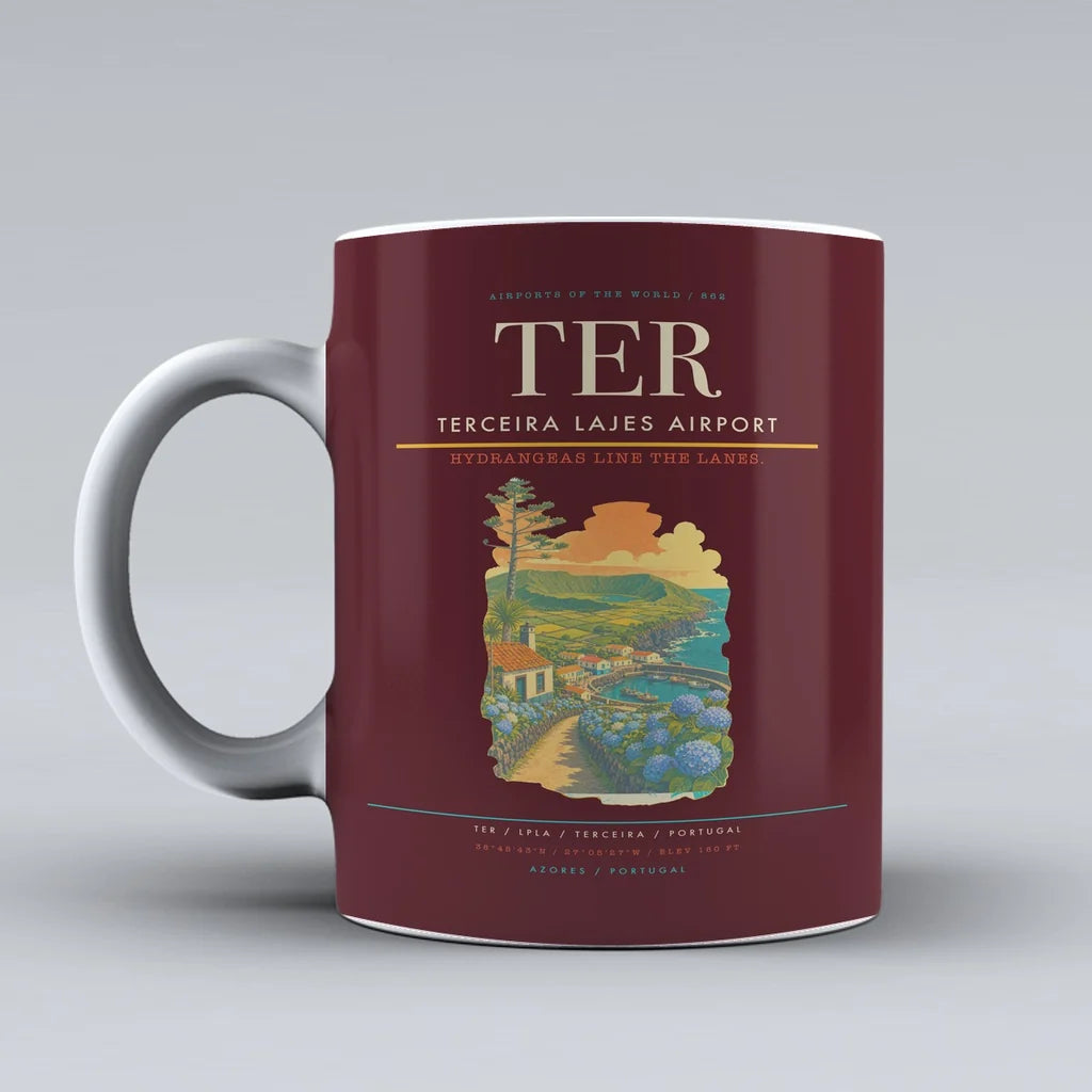 Terceira Lajes Airport (TER) airport code design on dark red ceramic mug