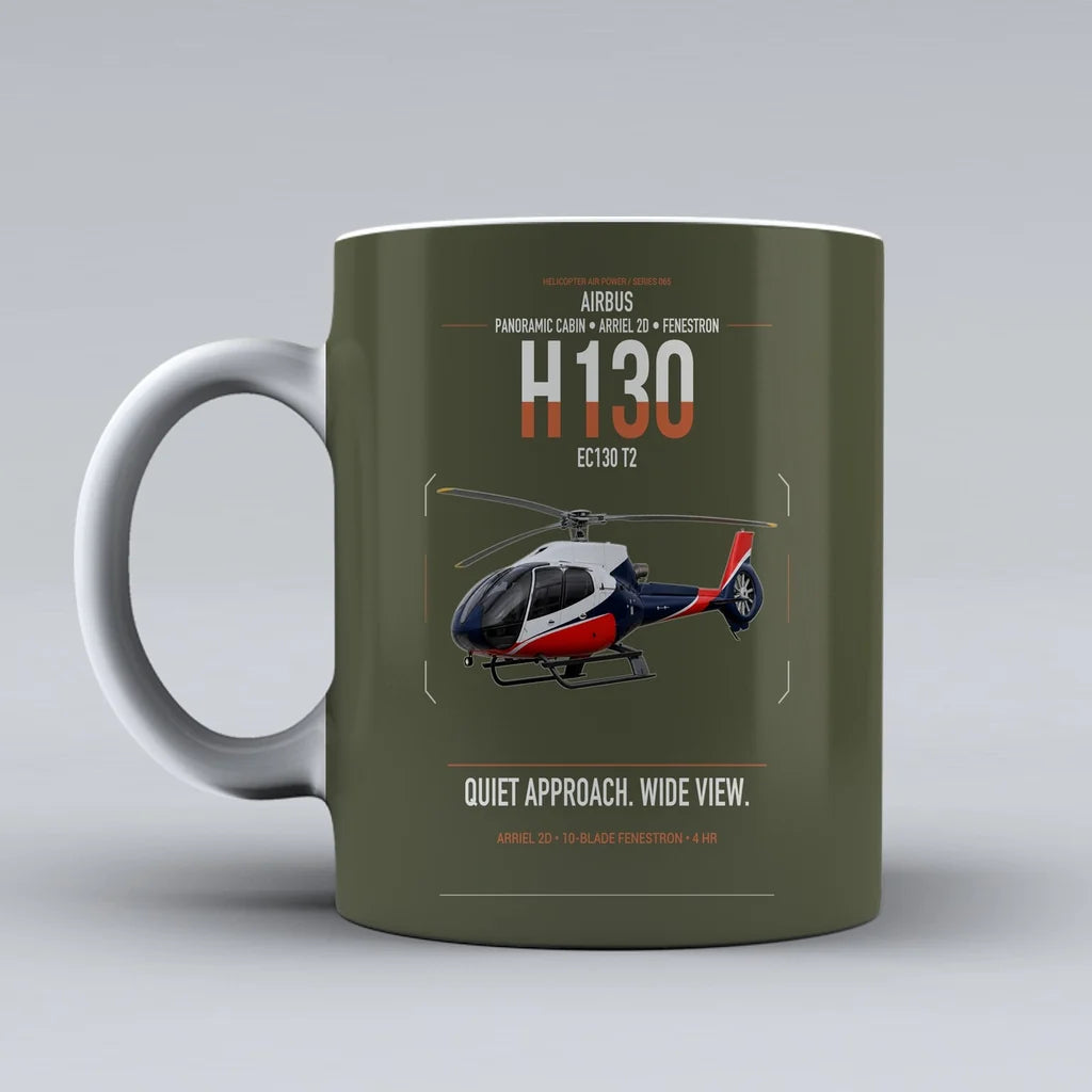 Airbus H130 design on green army ceramic mug, double-side print