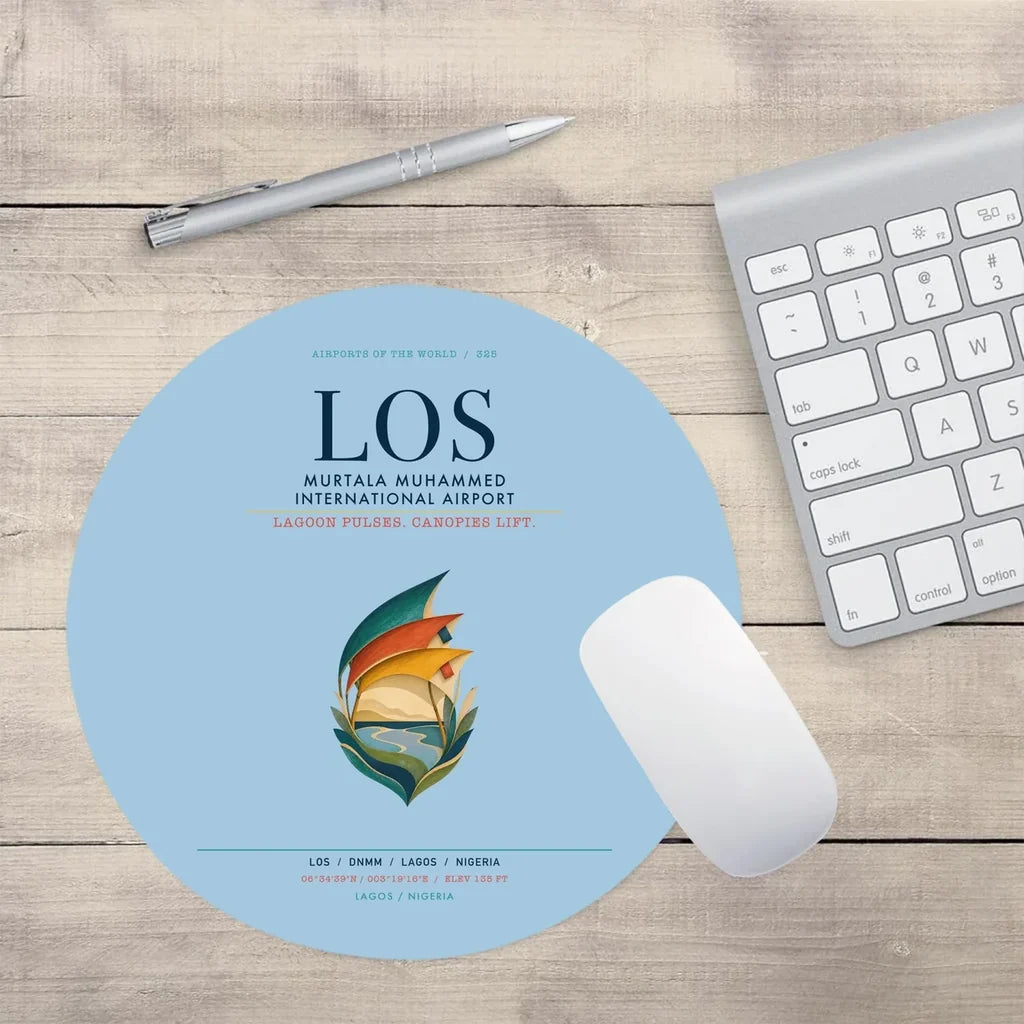 Murtala Muhammed International Airport (LOS) design on light blue round mouse pad