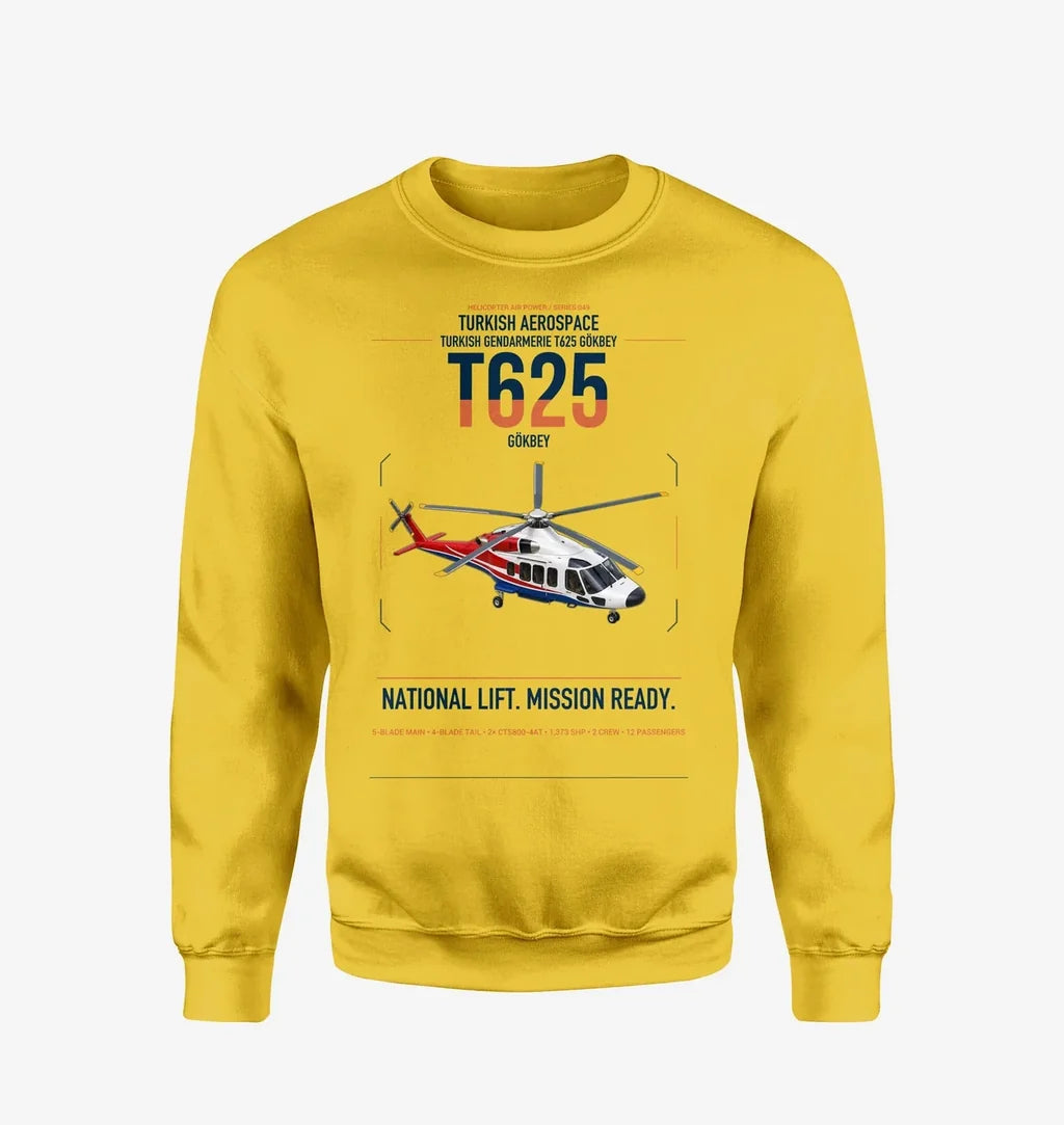 Turkish Aerospace T625 Gökbey design on yellow sweatshirt