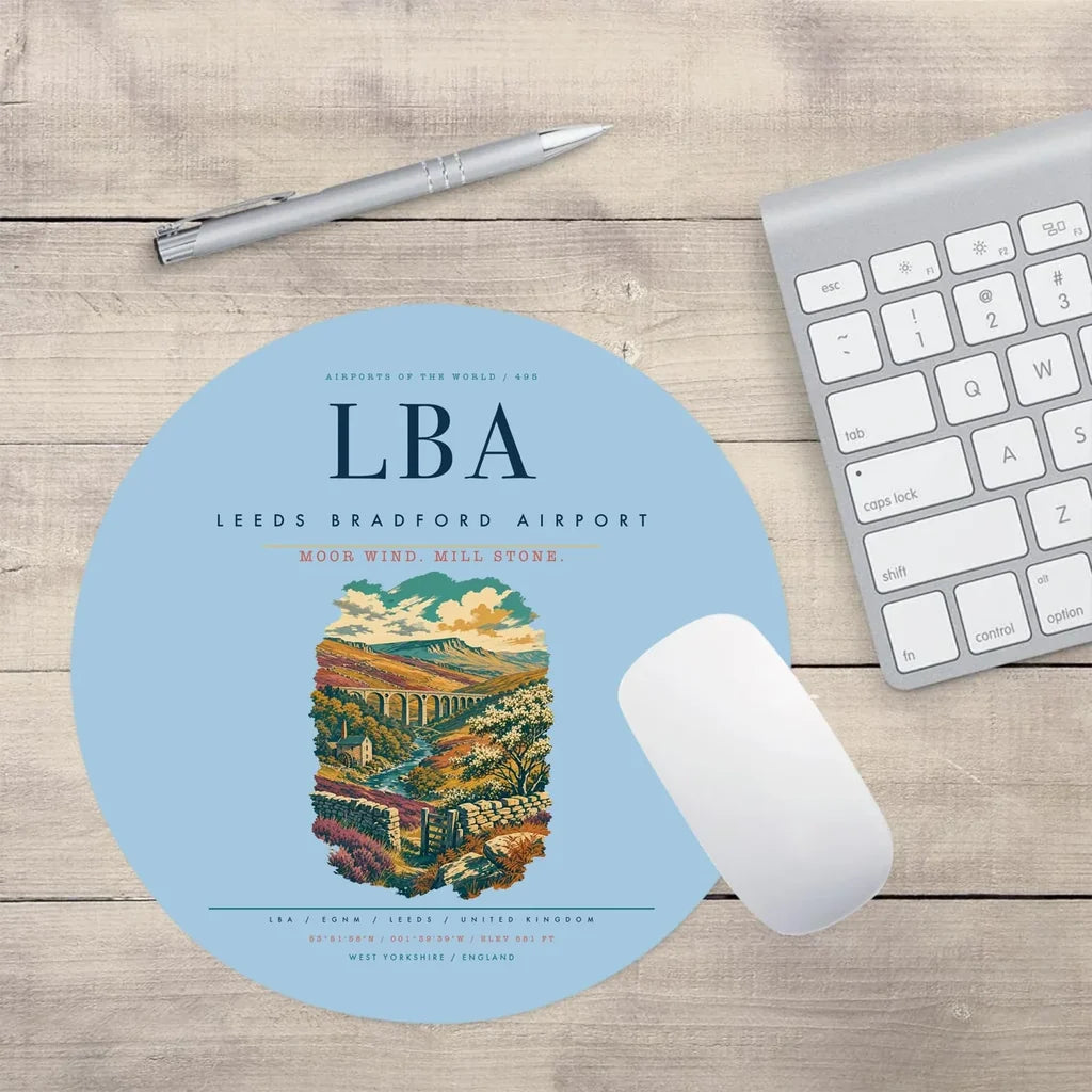 Leeds Bradford Airport (LBA) design on light blue round mouse pad