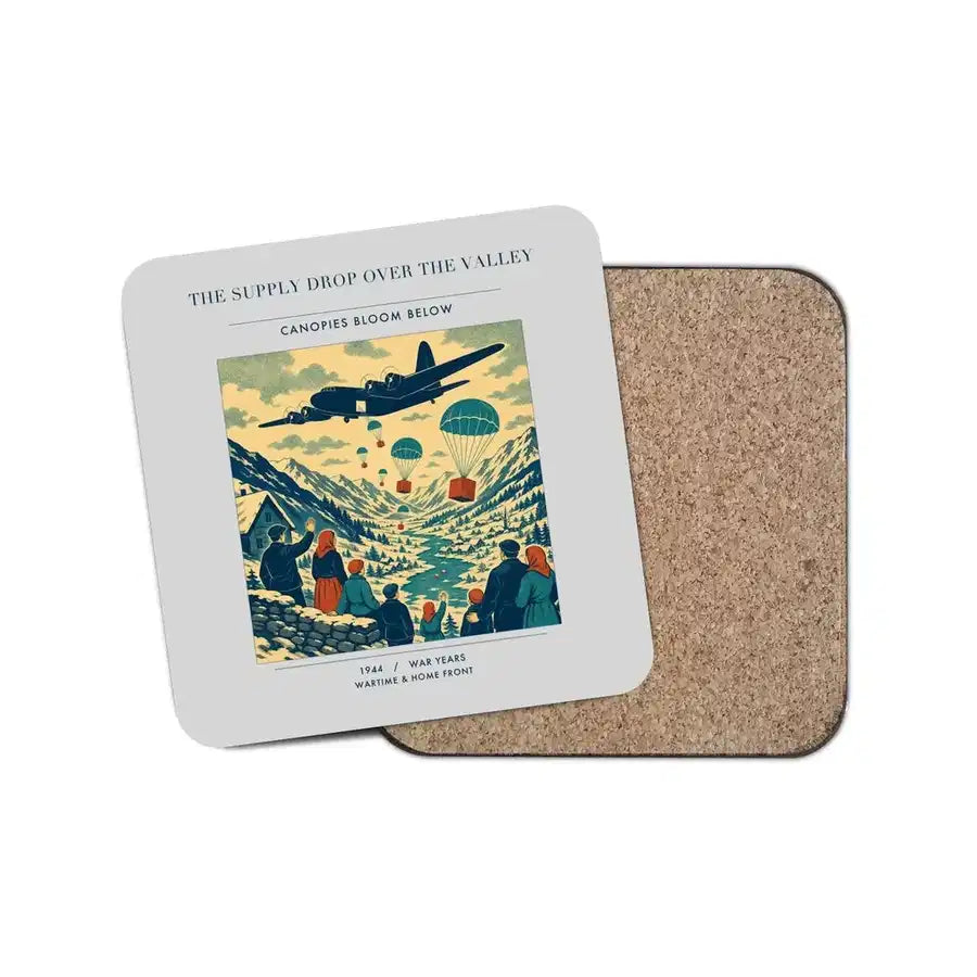 The Supply Drop Over The Valley - Designed Coasters design on light gray 1-piece