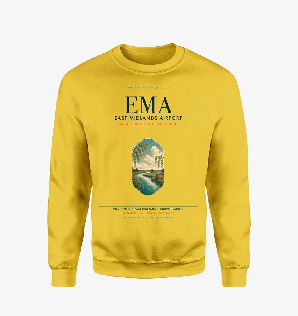 East Midlands Airport (EMA) design on yellow sweatshirt