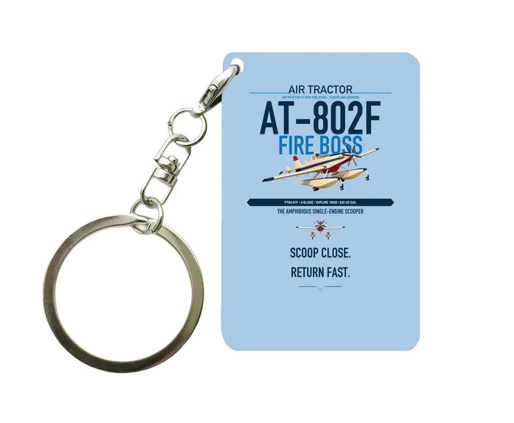 Air Tractor AT-802F Fire Boss design on light blue designed key chain, double-side print