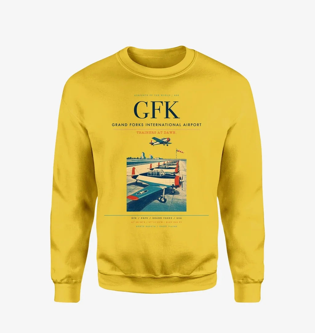 Grand Forks International Airport (GFK) design on yellow sweatshirt