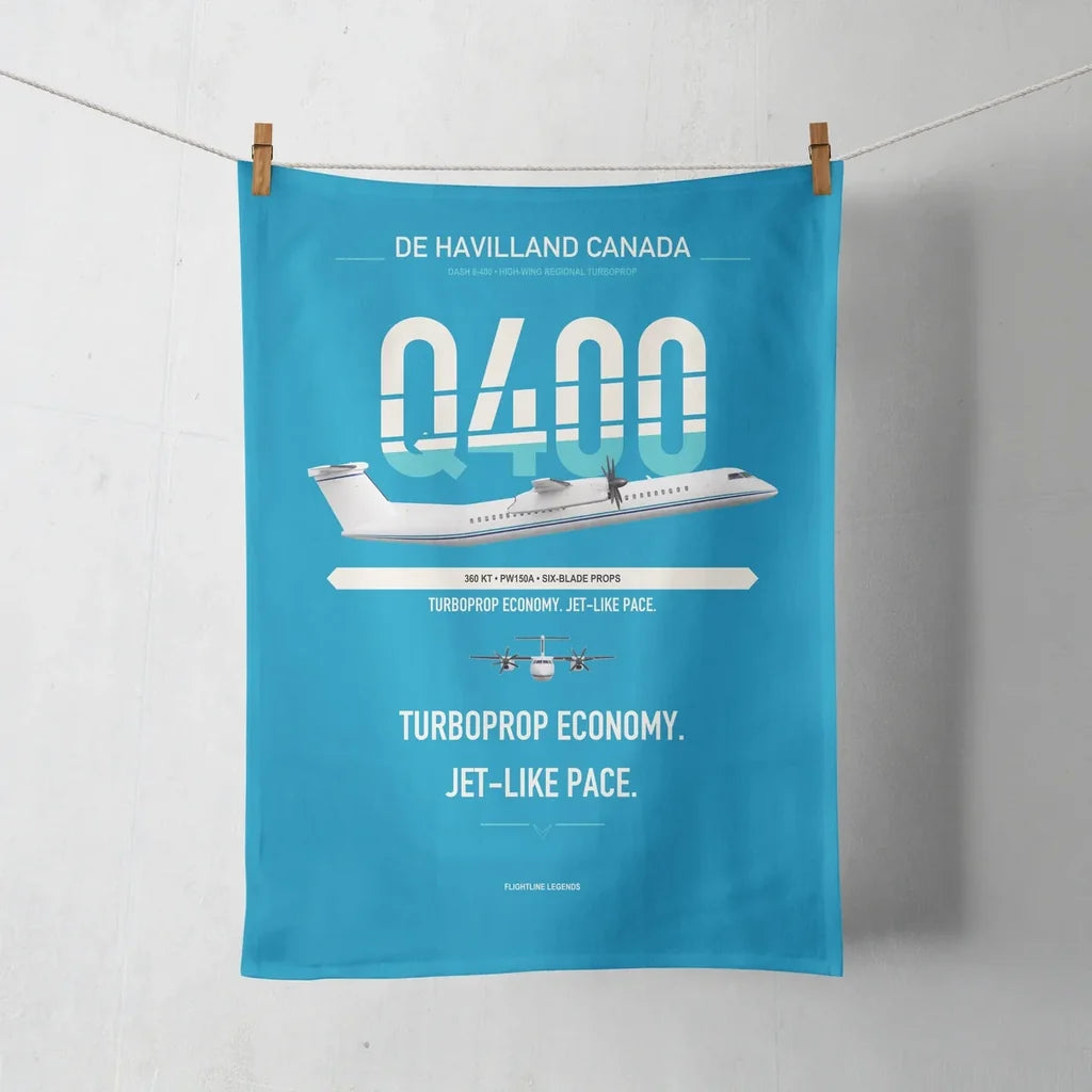 De Havilland Dash 8-400 design on turquoise towel