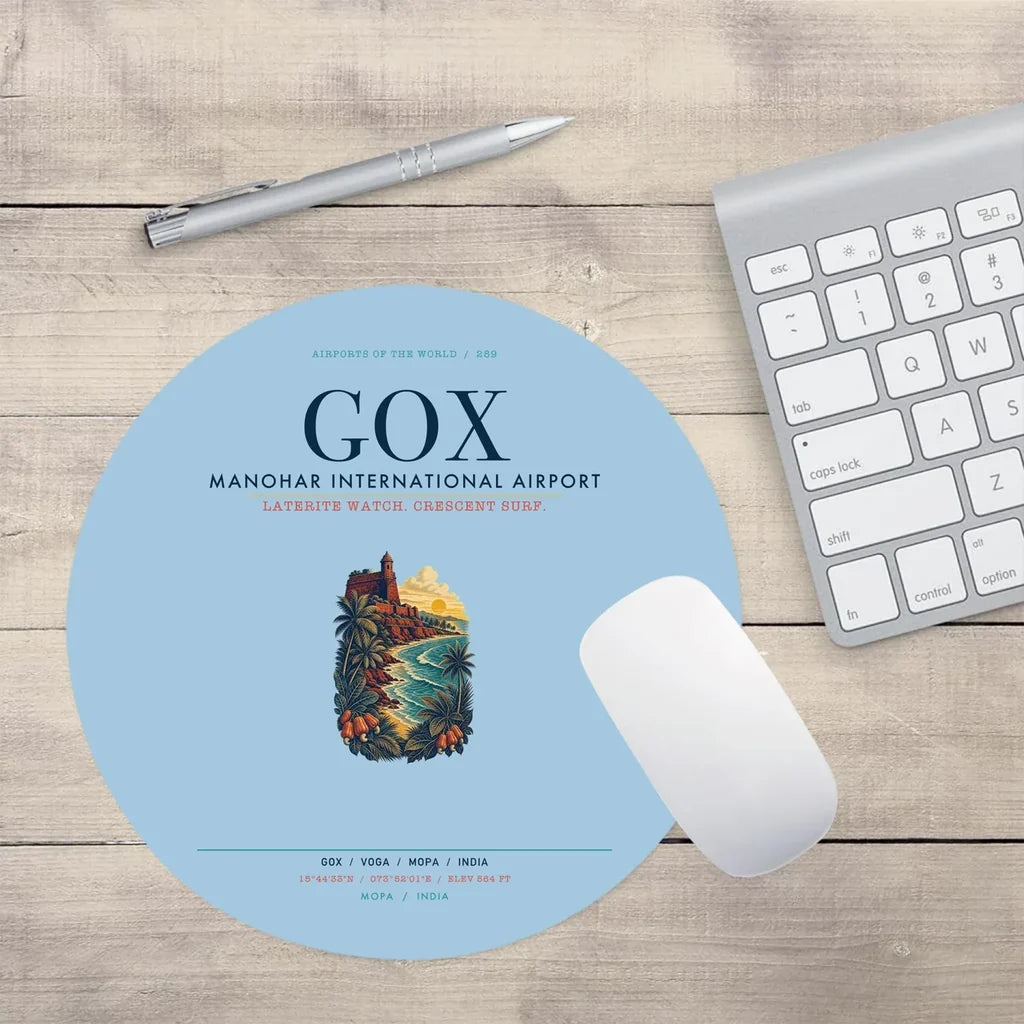 Manohar International Airport Mopa (GOX) design on light blue round mouse pad