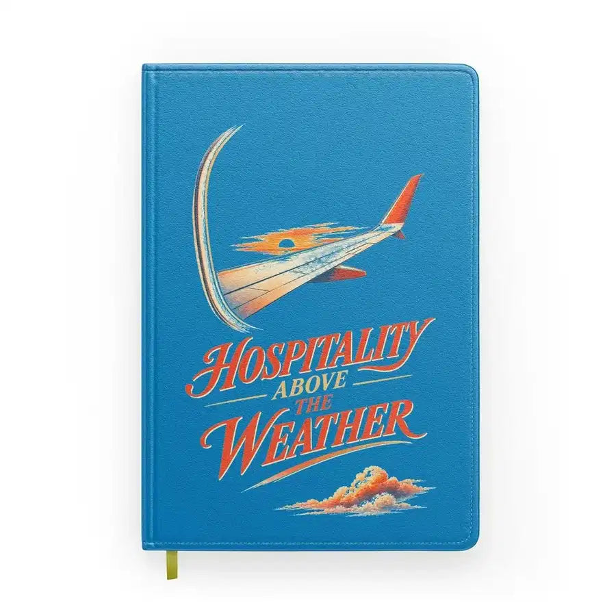 Hospitality Above The Weather design on turquoise notebook