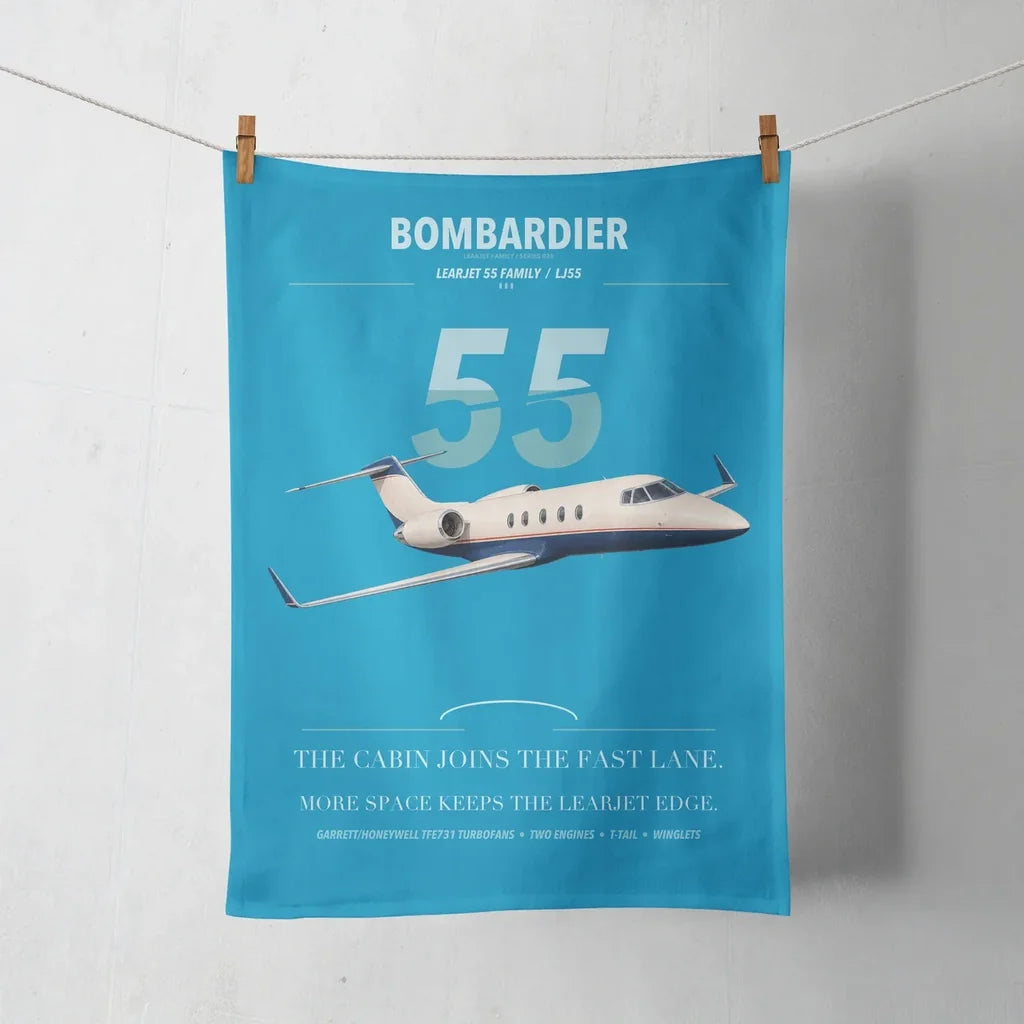 Bombardier Learjet 55 design on turquoise towel