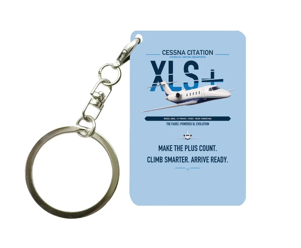 Cessna Citation XLSPlus design on light blue designed key chain, double-side print